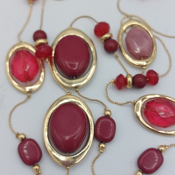 Gold Toned Chain Resin Stones Faceted Pink Ruby Red Very Long Double Strand 36" - Picture 4 of 6